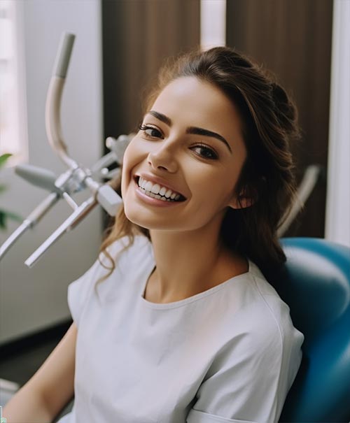 women with beautiful teeth smiling at a dental clinic